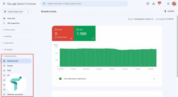 screenshot showing the structured data enhancements report in google search console