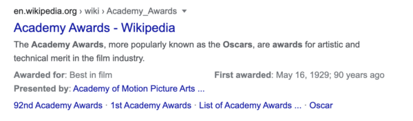 The image shows a meta description for the Wikipedia page about the Academy Awards. The words 'Academy Awards' and 'Oscars' are shown in bold text.