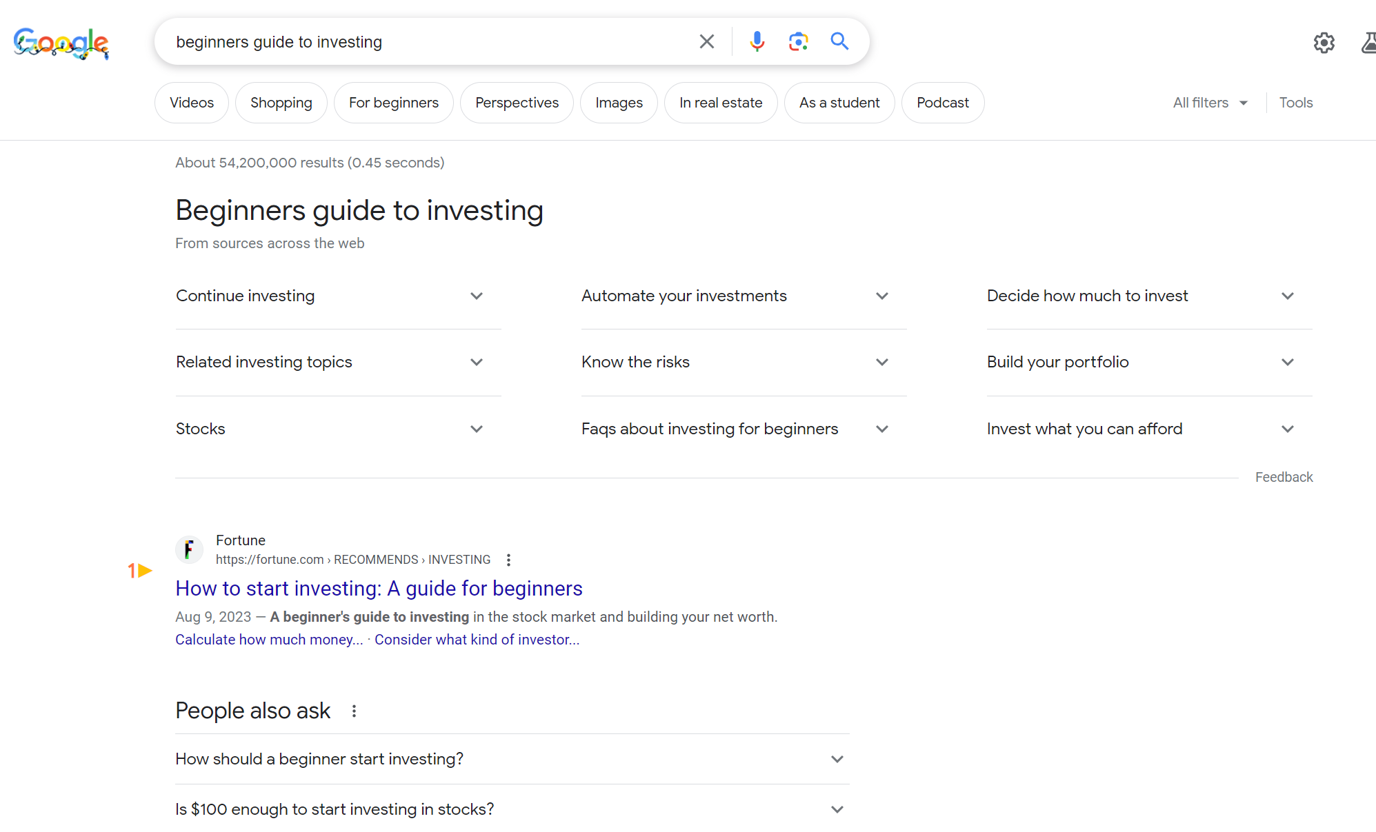 Screenshot from search for [beginners guide to investing]
